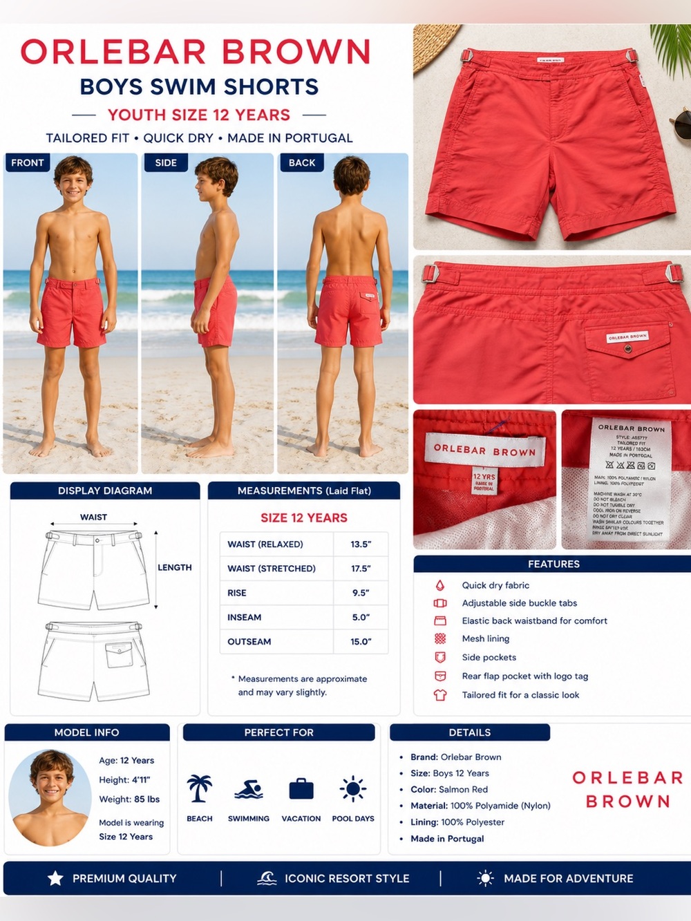 Orlebar Brown Boys Red Coral Swim Trunk Size 12 Years Adjustable Side Tabs